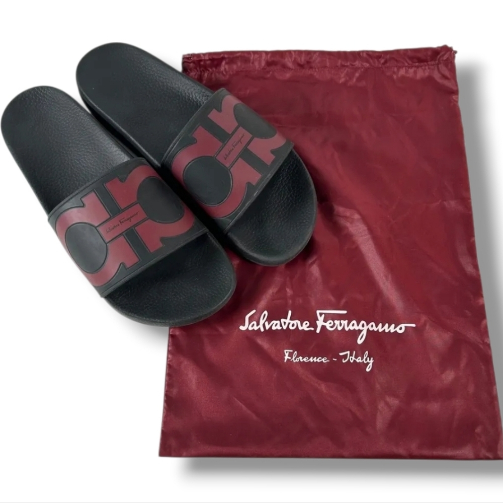 Men's FERRAGAMO Groove 2 Black and Maroon Gancini Pool Slide Sandals